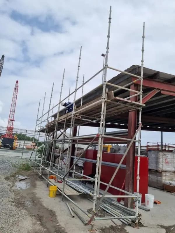 Scaffolding erected in an industrial yard