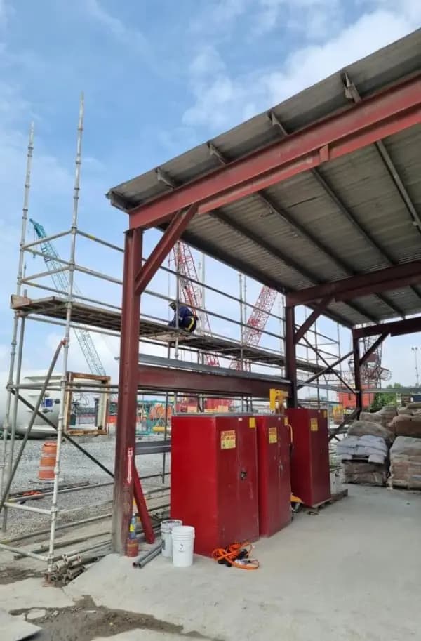 Scaffolding inside a steel framed workshop